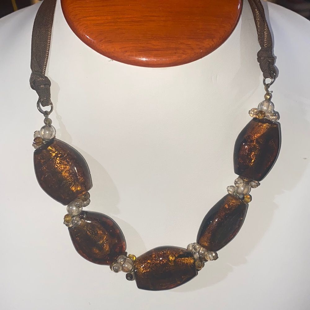 Murano Amber Glass Statement Necklace w/ Ribbon
